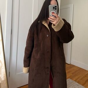Lands' End Brown Faux-Suede Teddy Coat with Cream Sherpa Trim